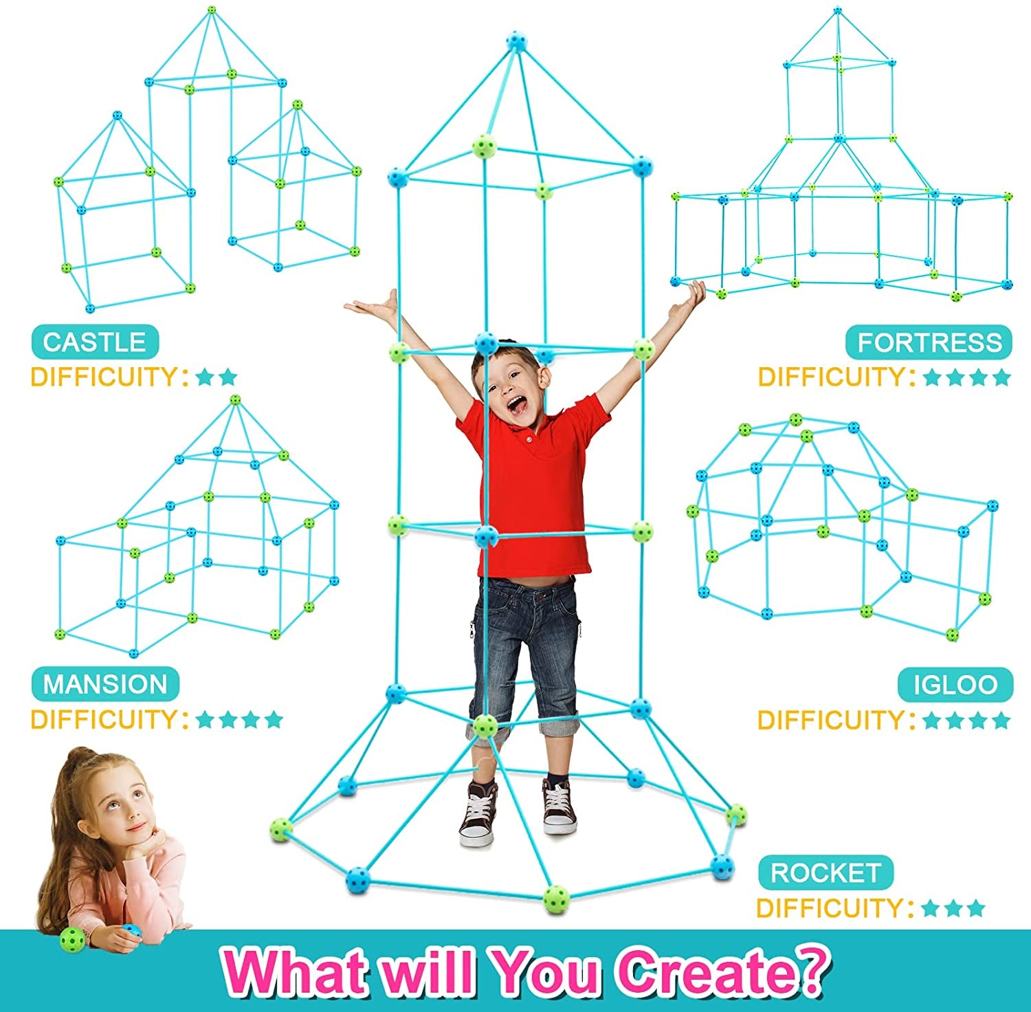 Kids Fort Building Kit Construction STEM Toys for 5 6 7 8 9 10 11 12 Years Old Boys and Girls Ultimate Forts Builder Gift Build DIY Building Educational Learning Toy for Indoor & Outdoor